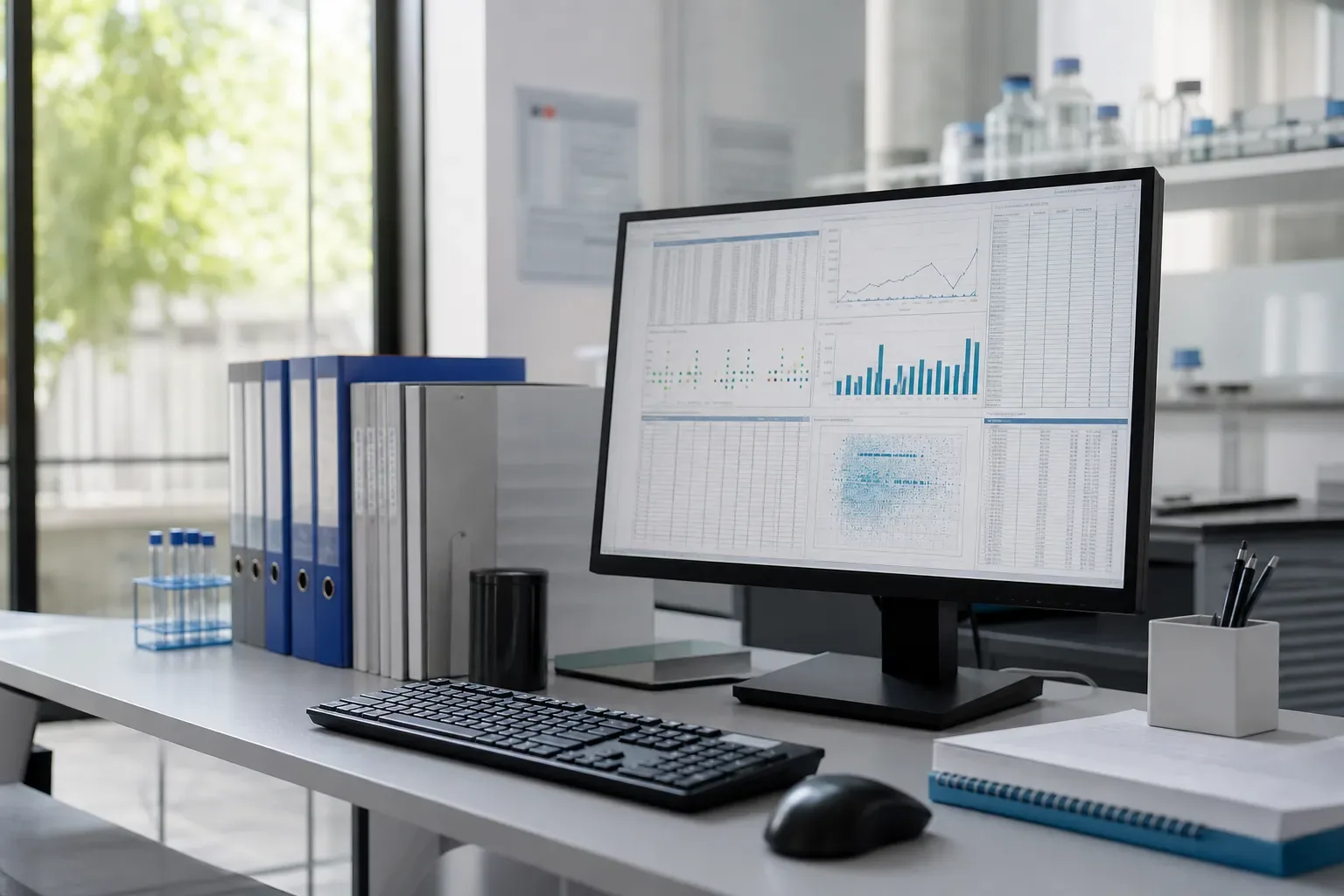 Bureau d’analyse de données en biotechnologie avec un écran affichant des tableaux de contrôle qualité