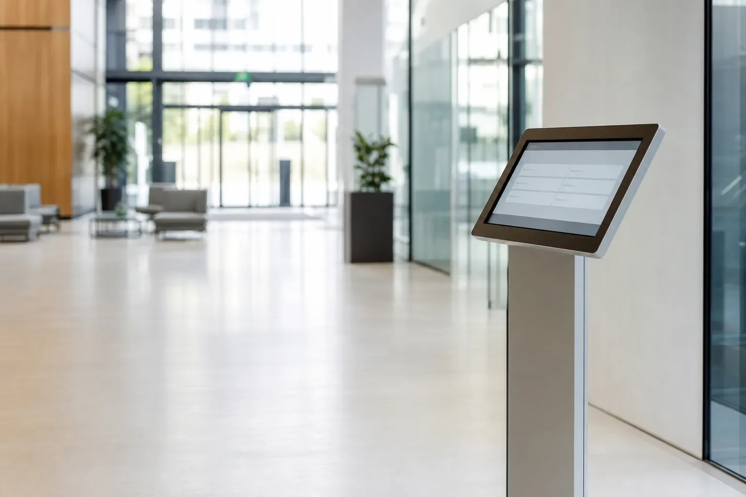 Hall d’accueil d’un immeuble de bureaux tertiaire avec une borne affichant un menu de questions fréquentes