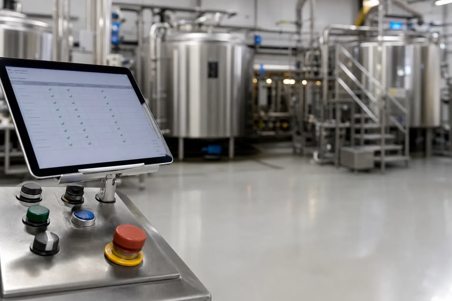Atelier de chimie fine avec des cuves inox et une tablette affichant une liste de lots avec des cases cochées