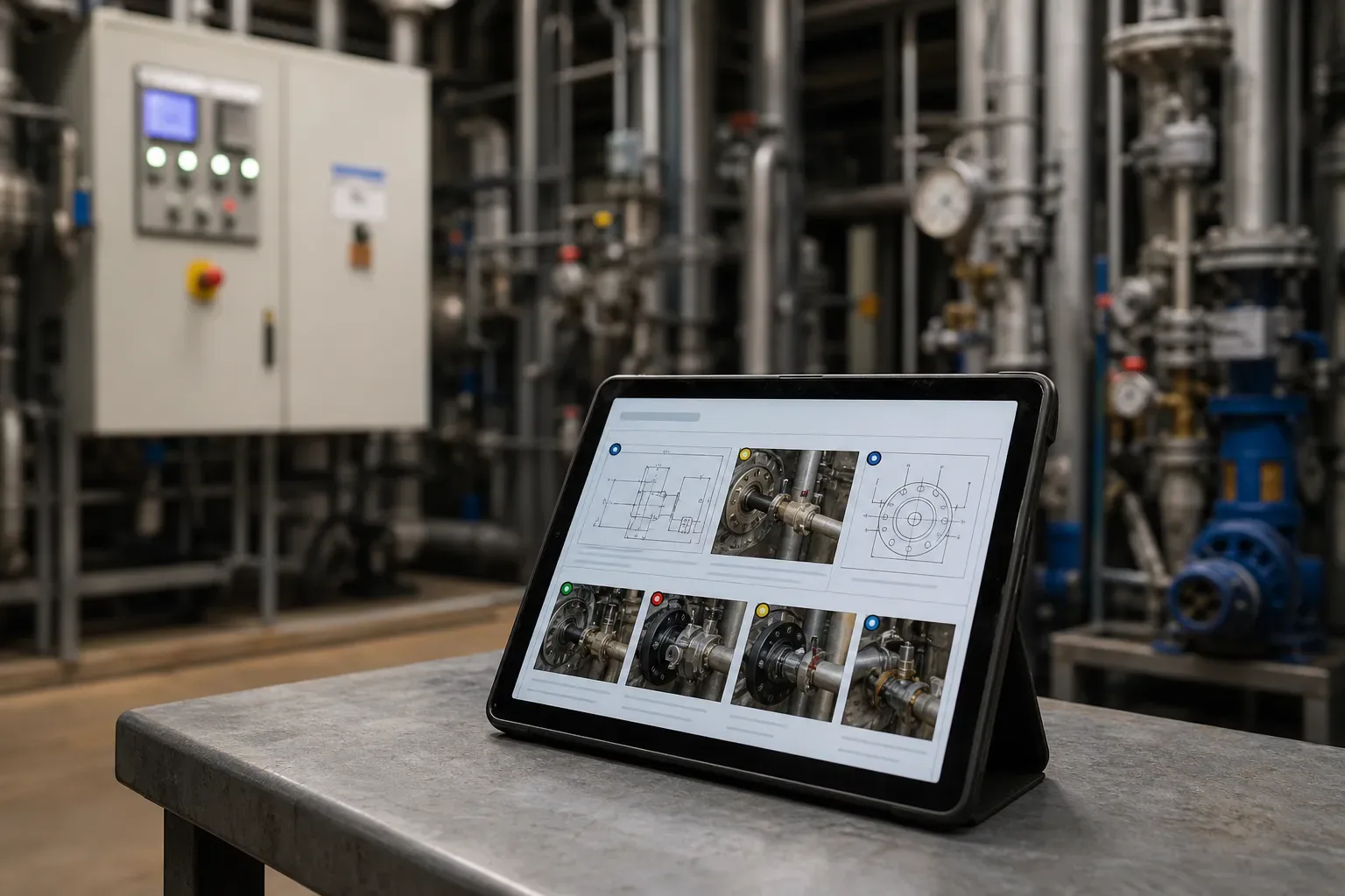 Salle de maintenance industrielle en chimie avec une tablette affichant un schéma d’intervention en plusieurs étapes