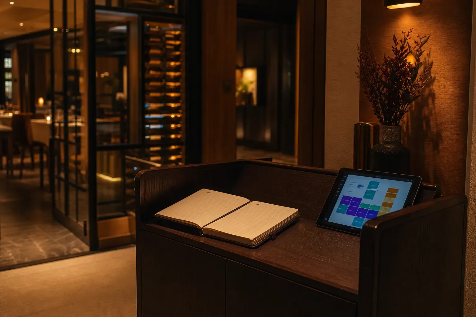 Pupitre d’accueil d’un restaurant gastronomique avec une tablette affichant un planning de réservations