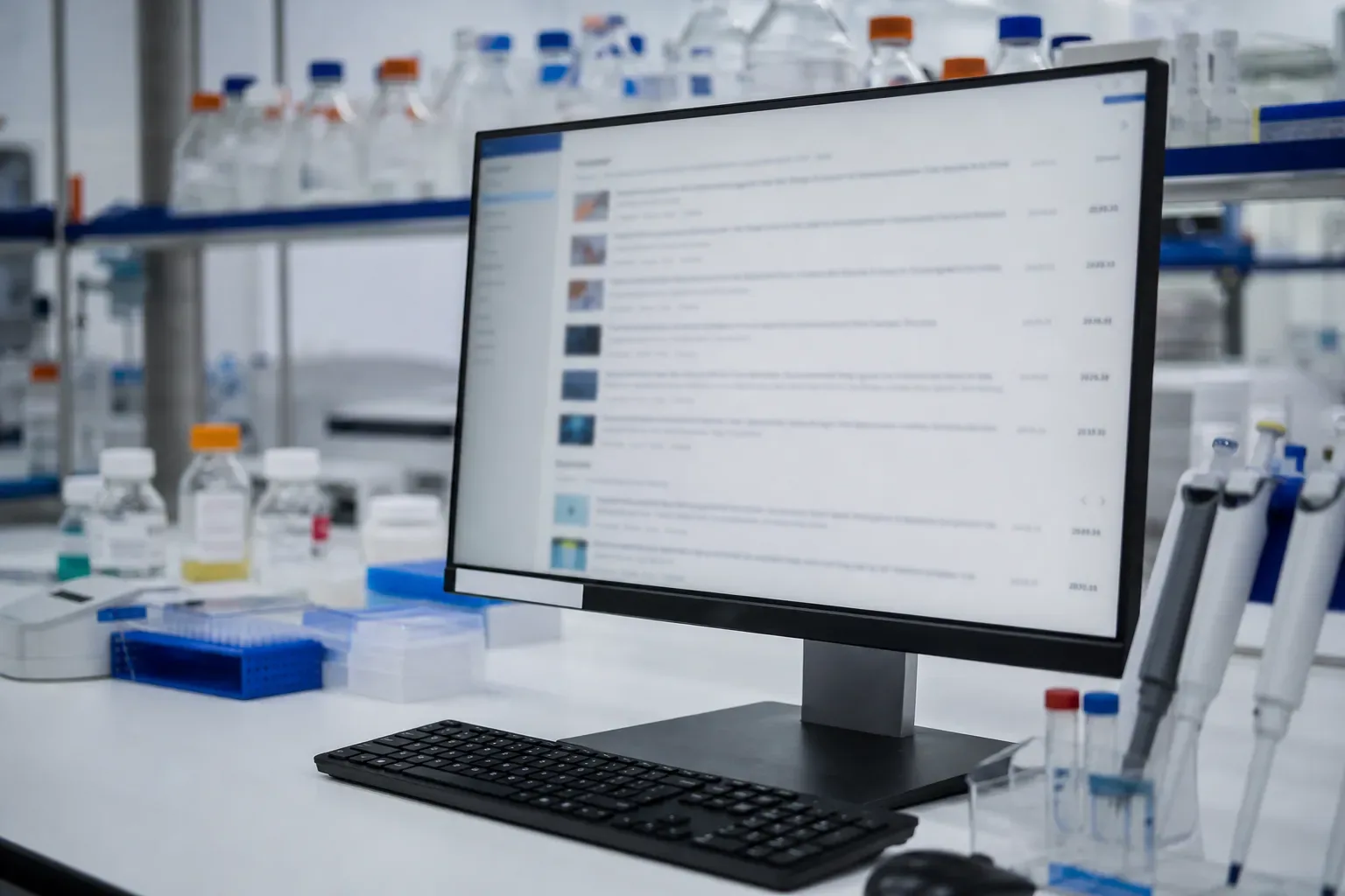 Laboratoire de biotechnologie avec une paillasse blanche et un écran affichant une liste d’articles scientifiques classés par date