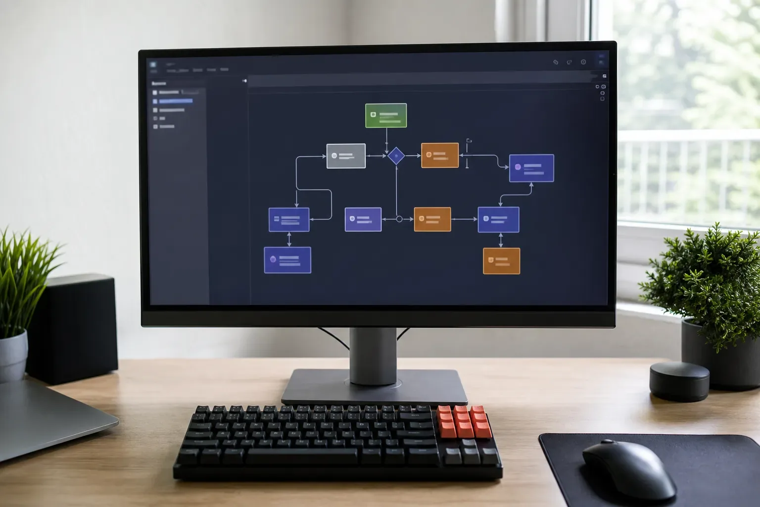 Écran de bureau affichant un schéma de flux d’automatisation avec des blocs reliés par des flèches