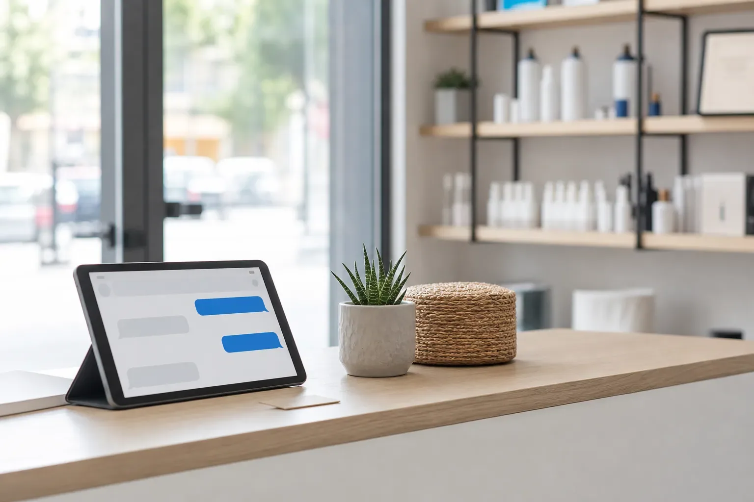 Comptoir d’accueil sobre avec une tablette affichant une fenêtre de conversation