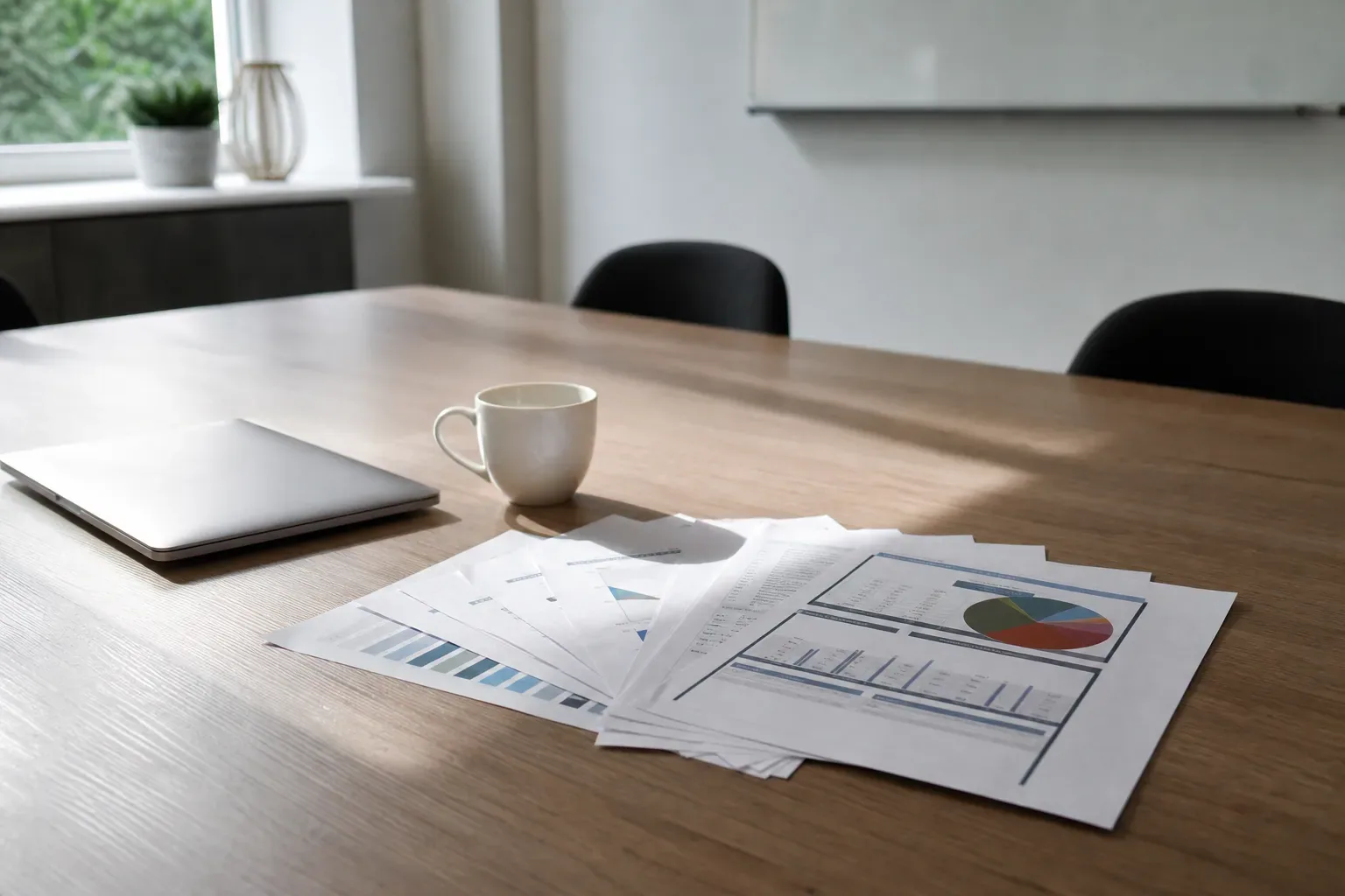 Table de réunion avec des feuilles de diagnostic imprimées et un ordinateur portable fermé