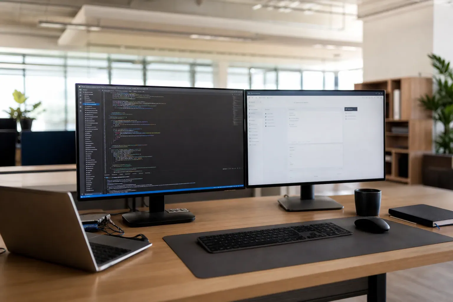 Poste de développeur avec un éditeur de code et un second écran de test, open space en arrière-plan flou